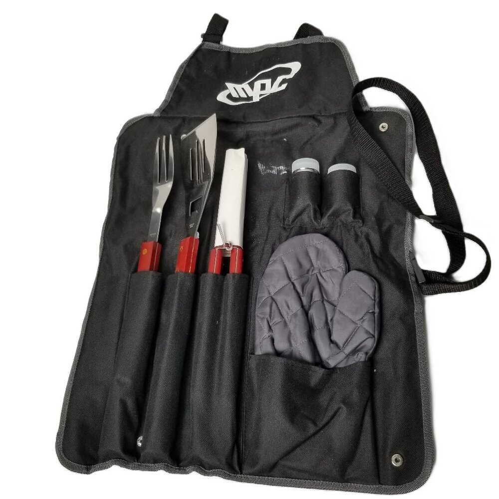 BBQ Grill Tool Roll Set Fork SpatulaTongs Mitt Salt Pepper Camping